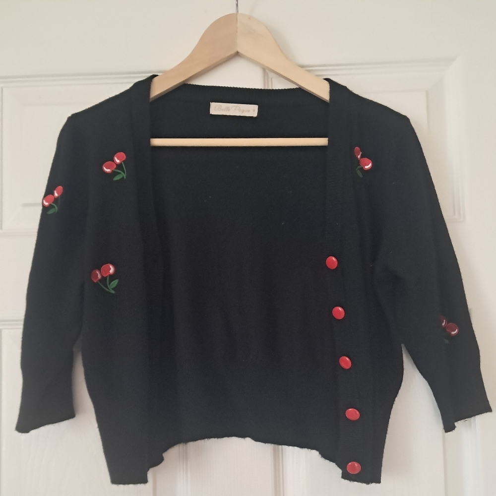 Black Cardigan with Cherry Embroidery